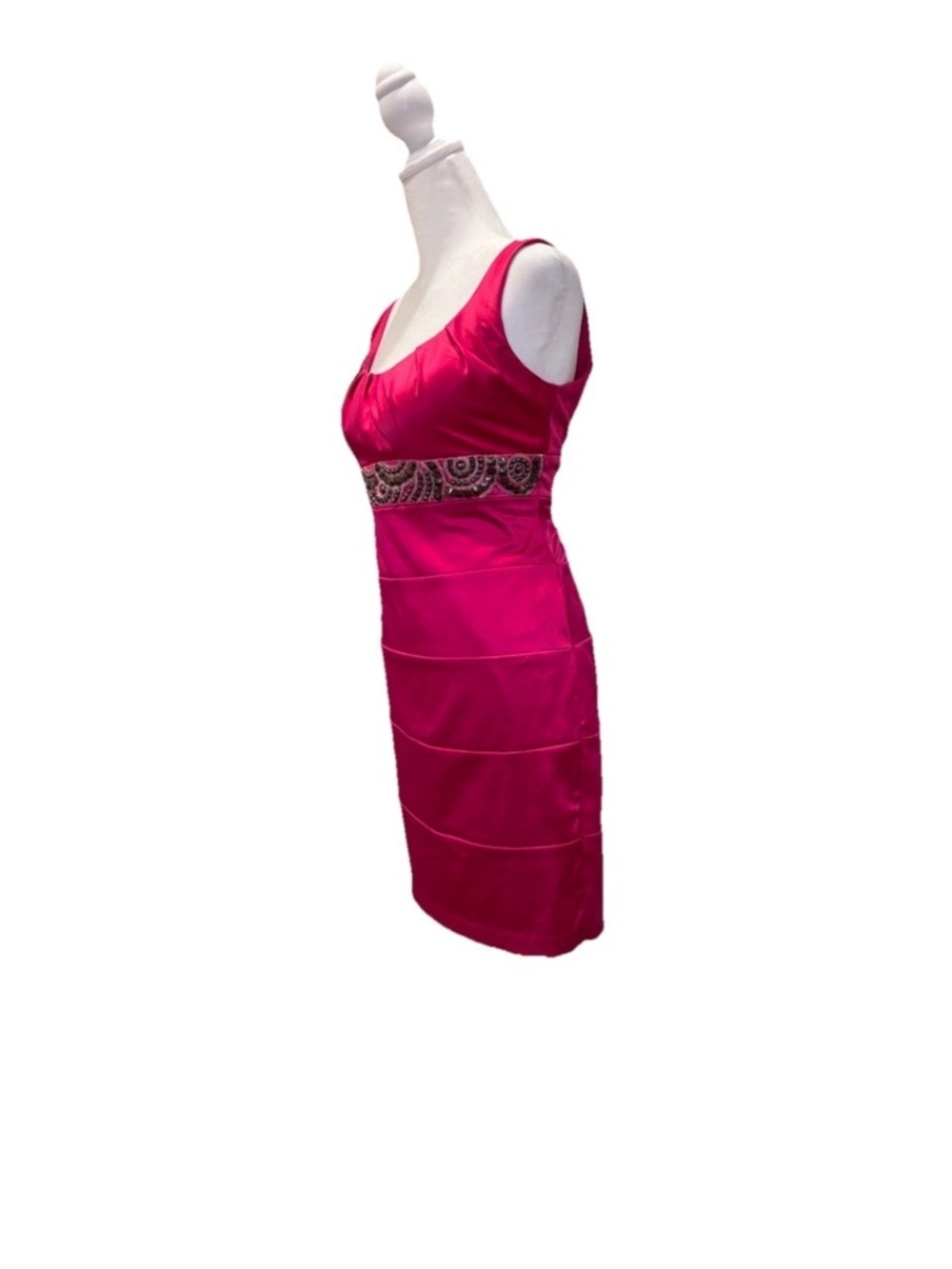 Bisou Bisou Hot Pink Satin Cocktail Dress Petite 8 Beaded Waist Bodycon - Picture 5 of 8